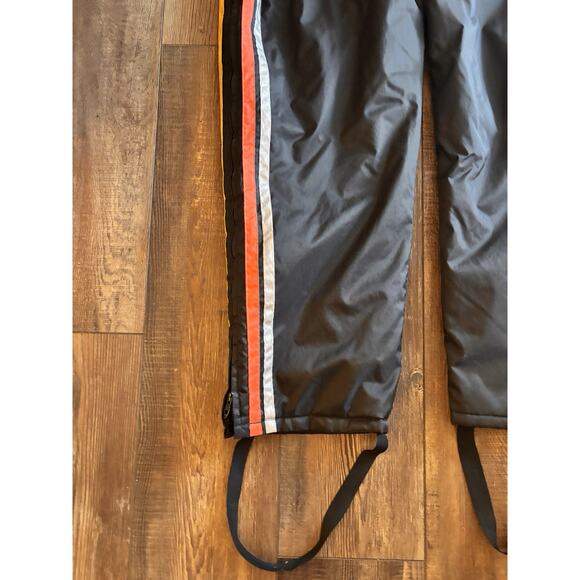VTG AMF Harley Davidson Biker Pants Men Black Orange Racing Stripe Snow Bibs S/M - Picture 2 of 13